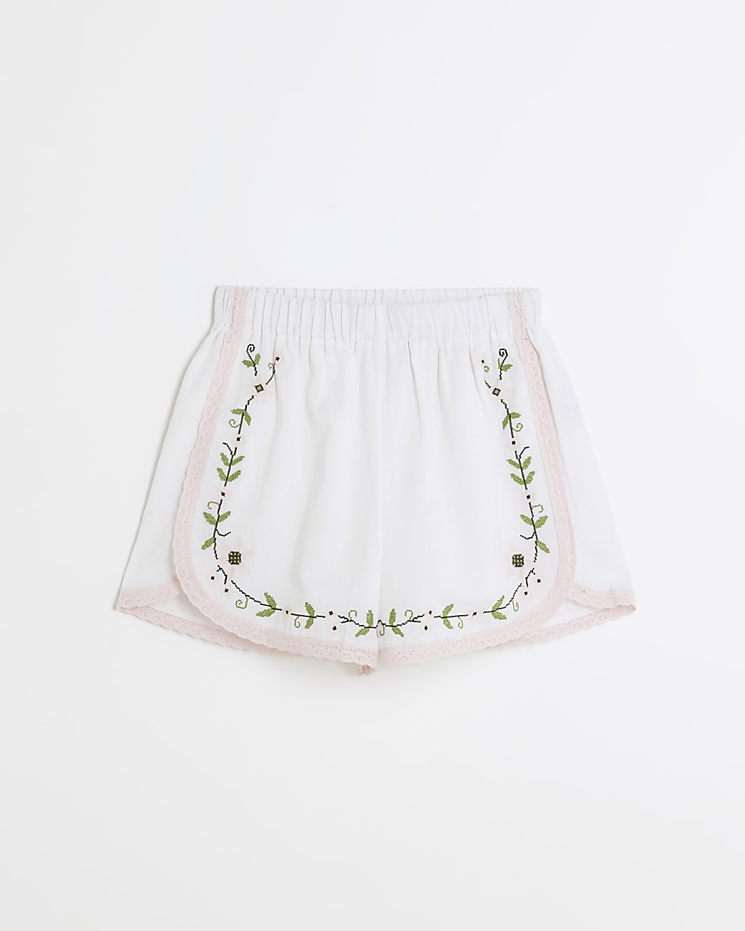 White floral print embroidered shorts