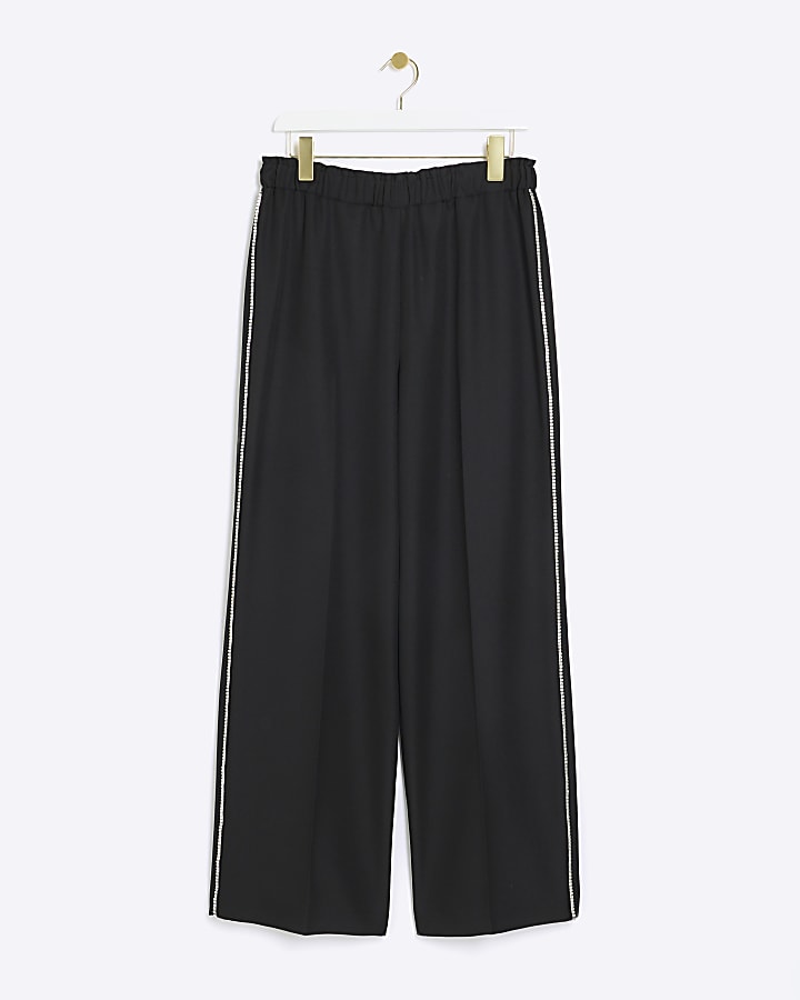 Black diamante trim wide leg trousers