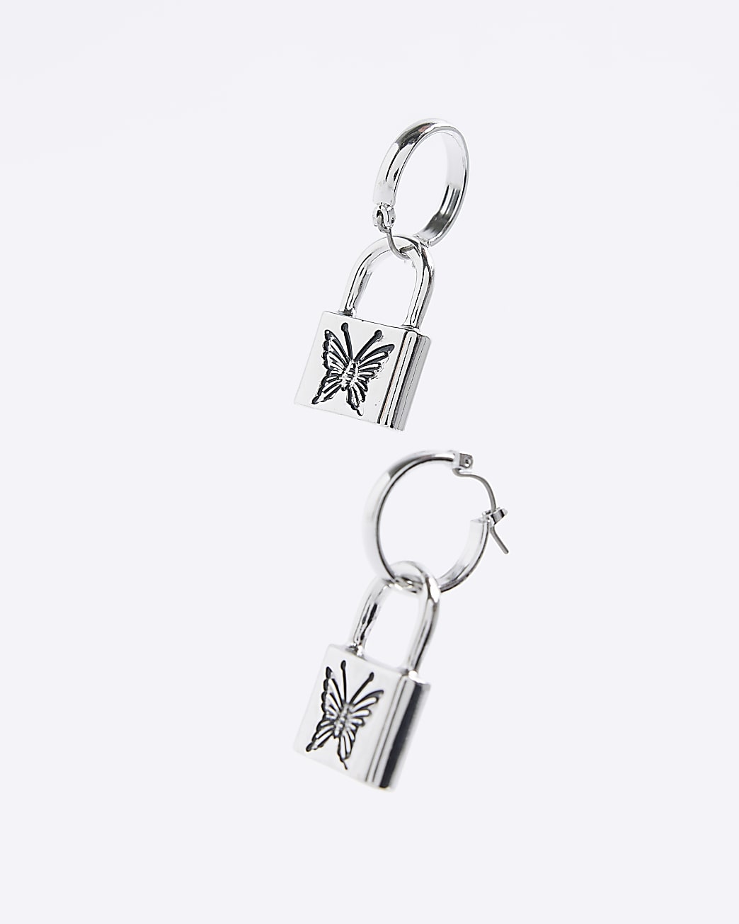 Silver padlock drop hoop earrings