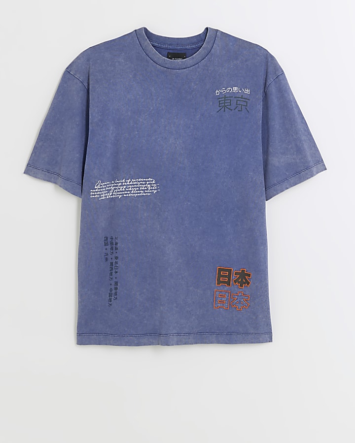 Blue regular fit Japanese graphic t-shirt