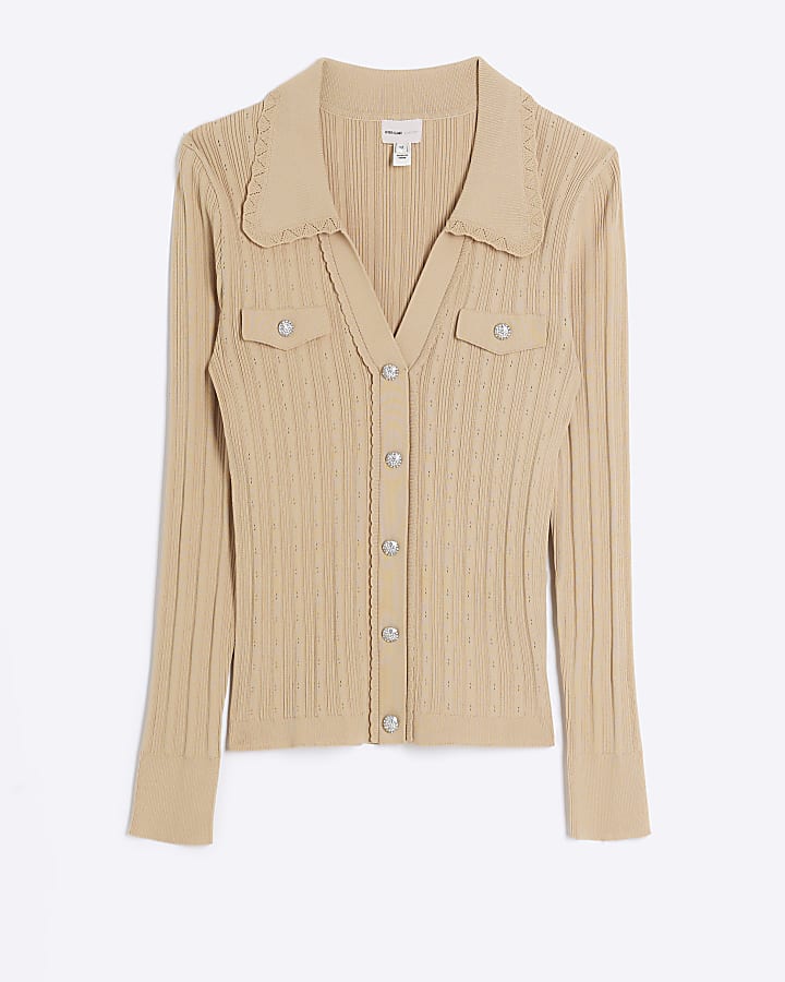 Brown knitted scallop collar jumper