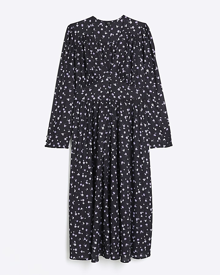 Black floral long sleeve swing midi dress