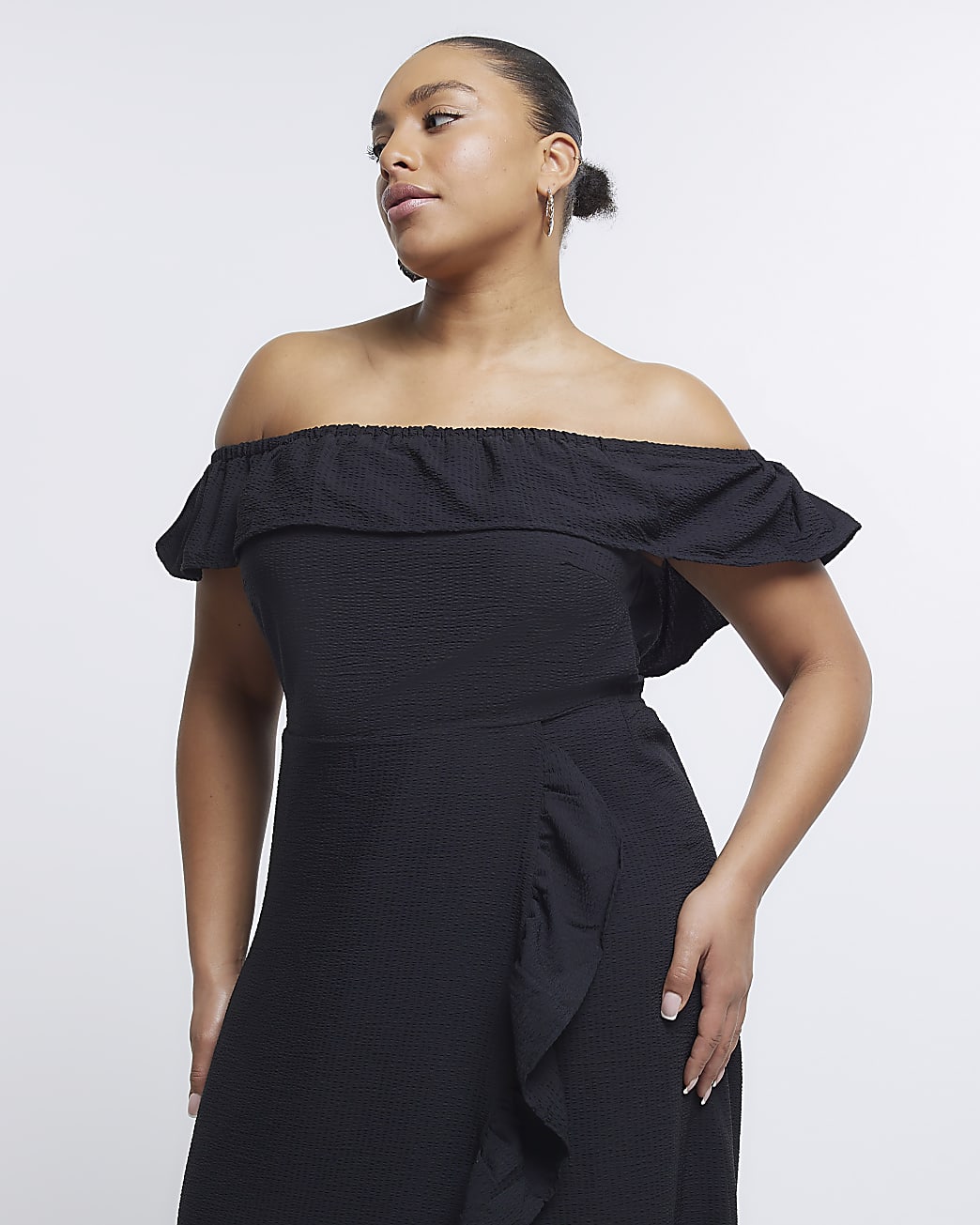 Plus black frill bardot midi dress