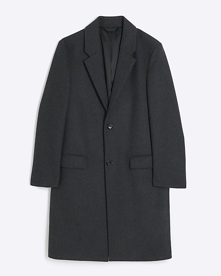Grey regular fit wool blend longline coat