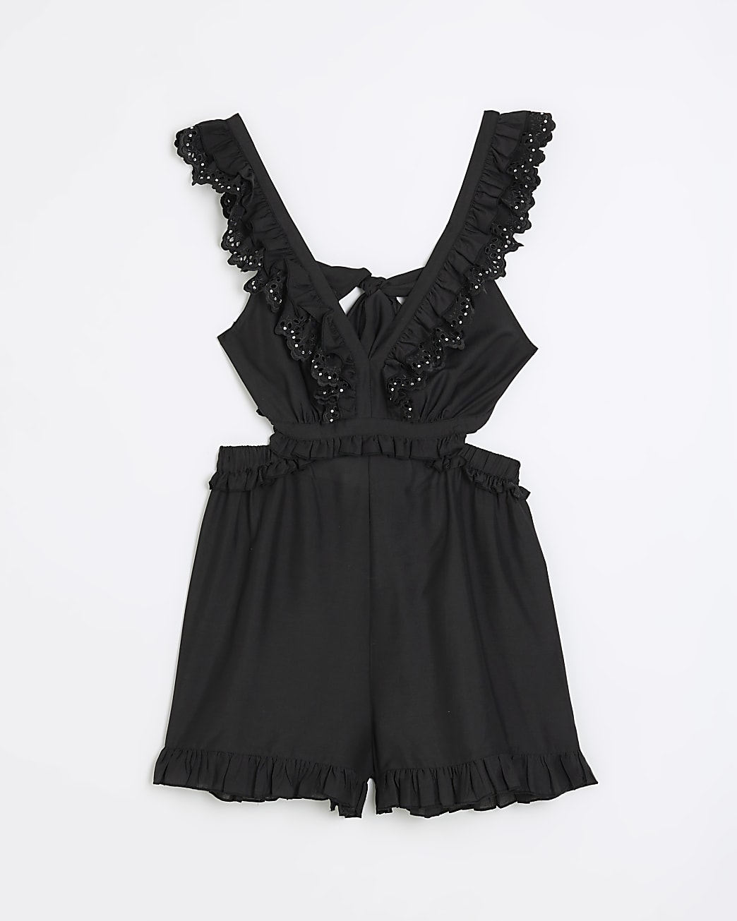 Black frill detail tie back playsuit