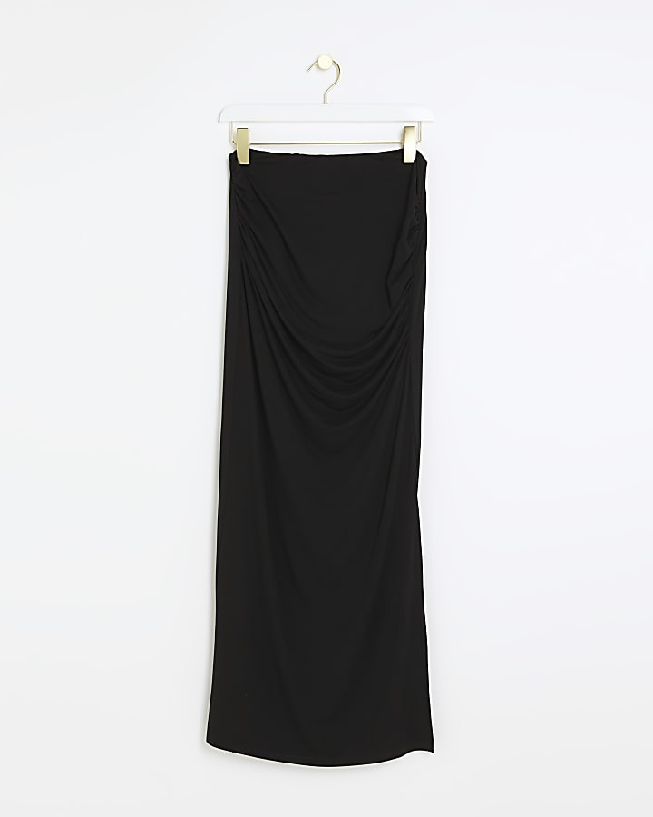Black ruched drape maxi skirt