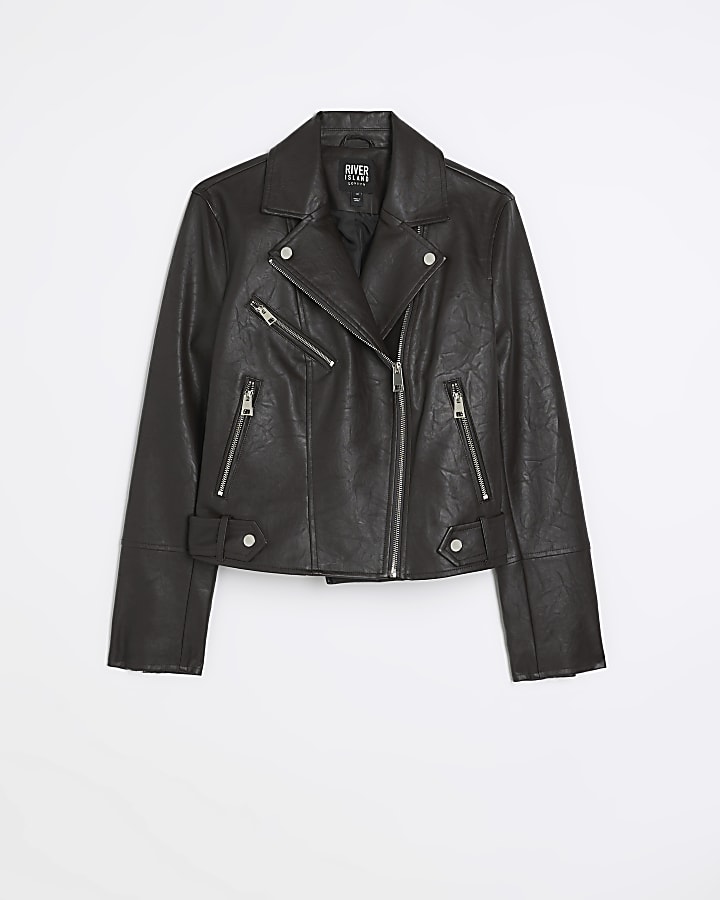 Brown faux leather zip biker jacket