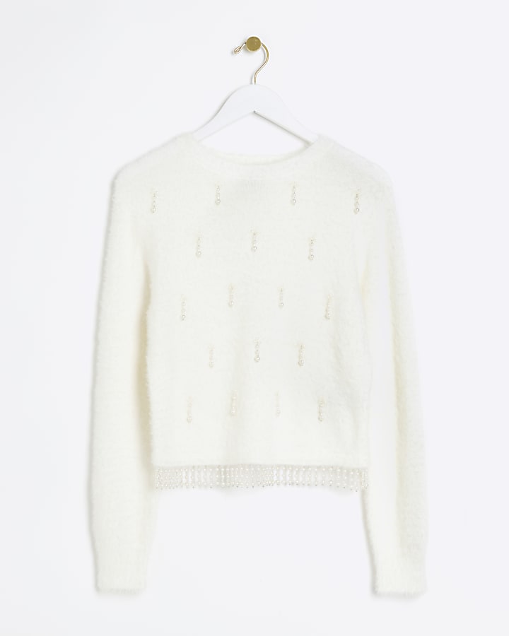 Cream fluffy embellished jumper