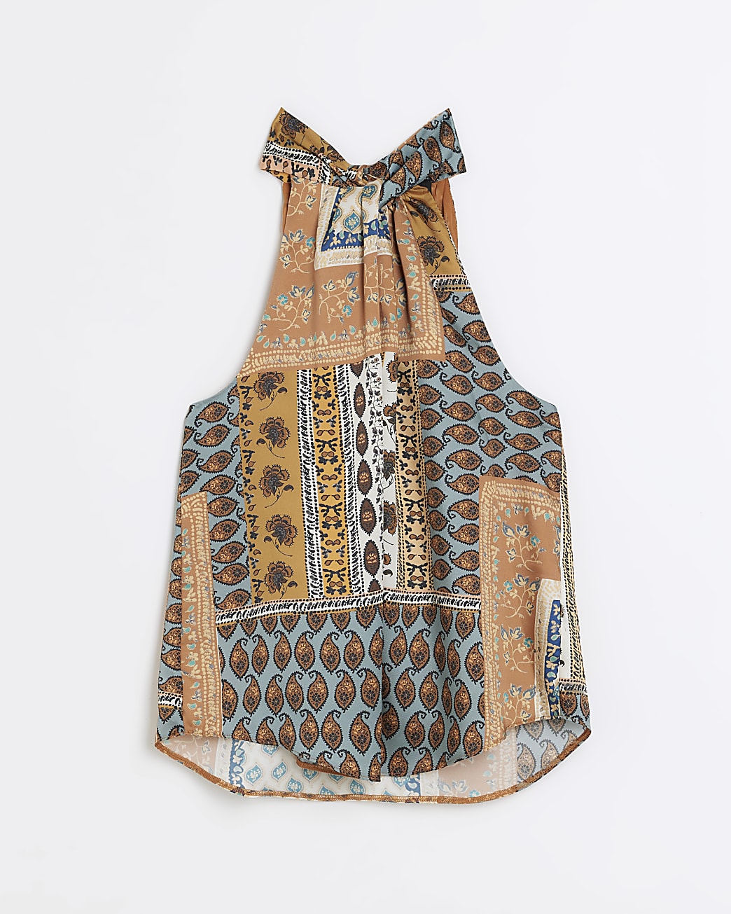 Orange satin scarf print halter neck top