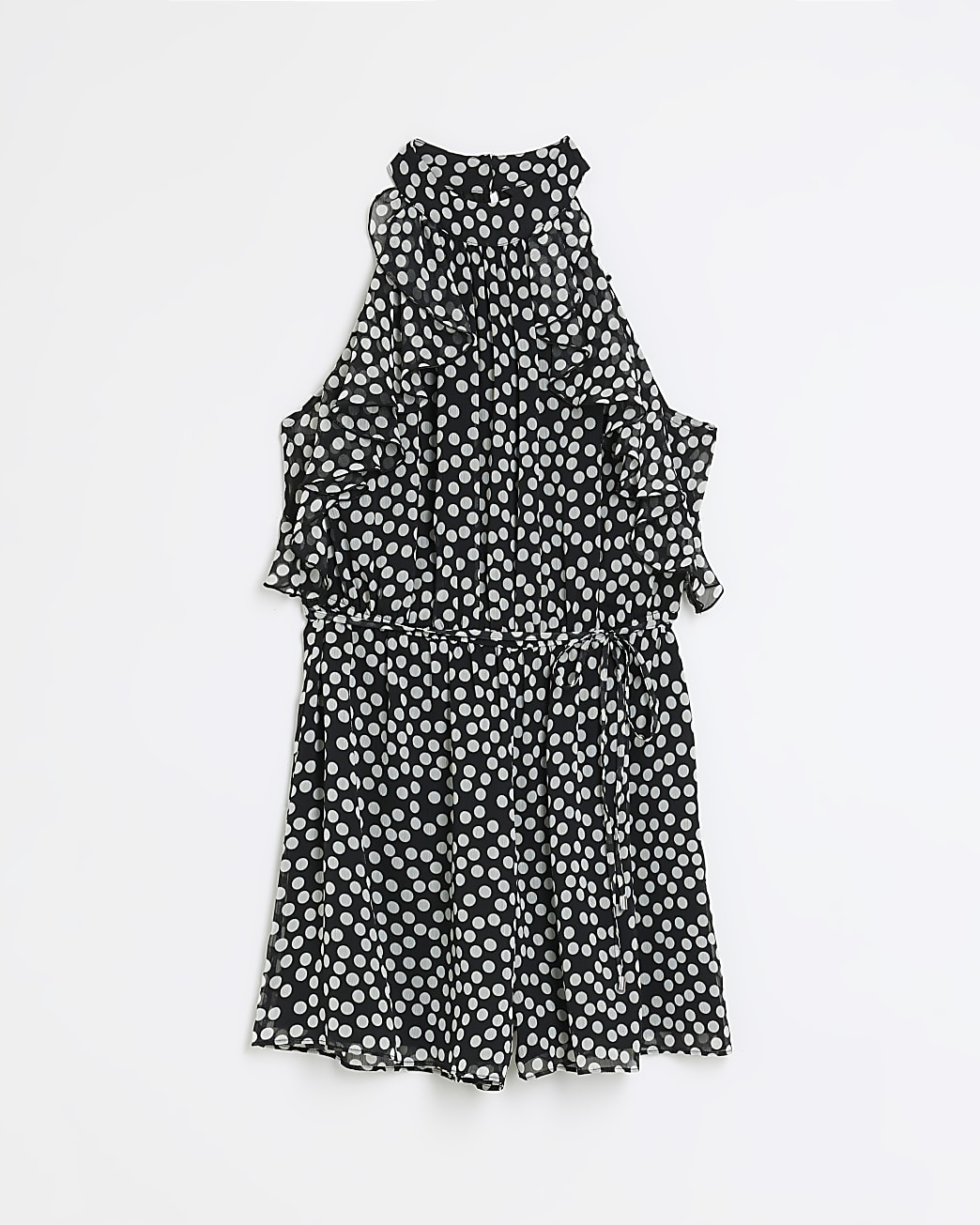 Black chiffon spot frill playsuit