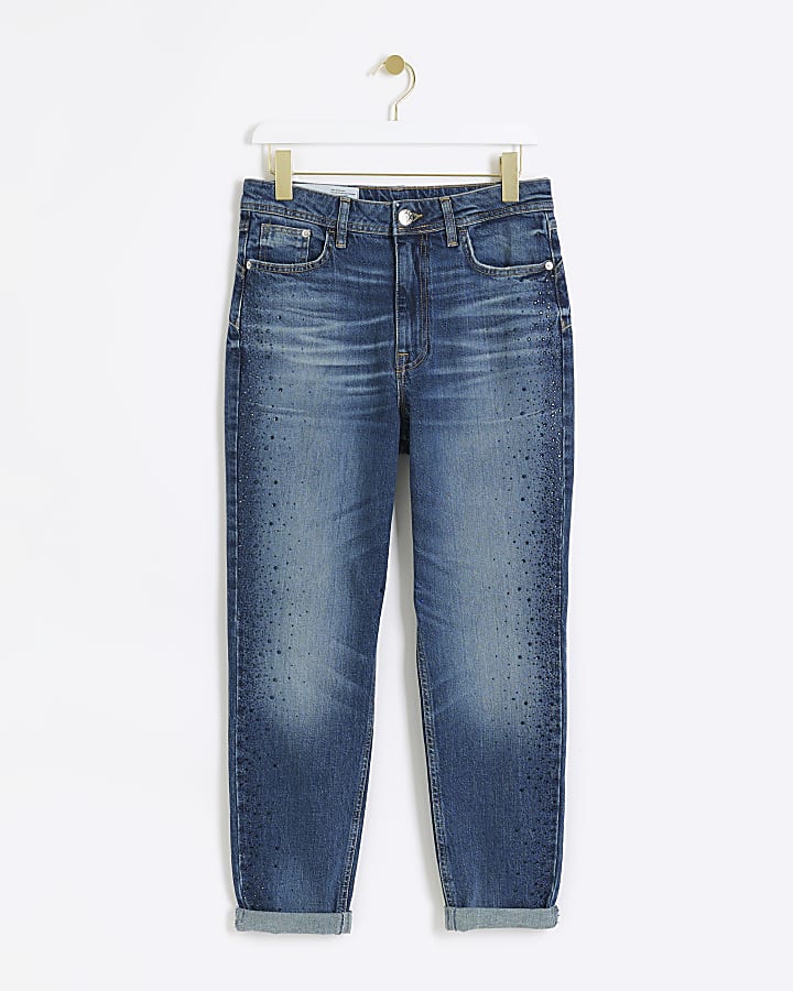 Blue high waisted embellished mom jeans