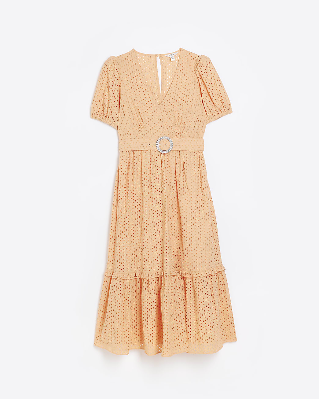 Orange broderie belted swing midi dress