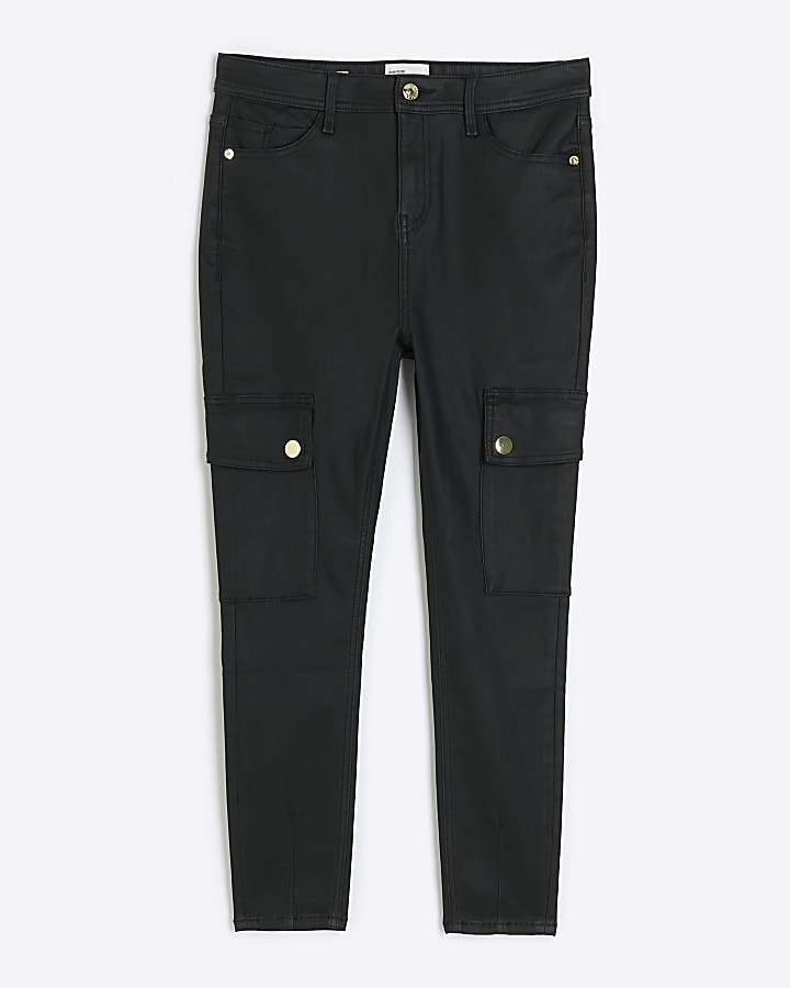 Petite black coated cargo skinny jeans