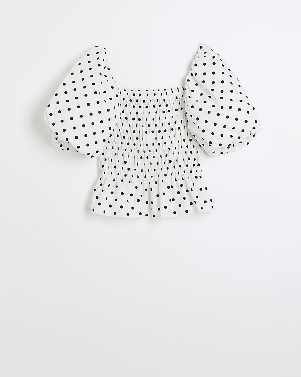 White spot print shirred bardot top