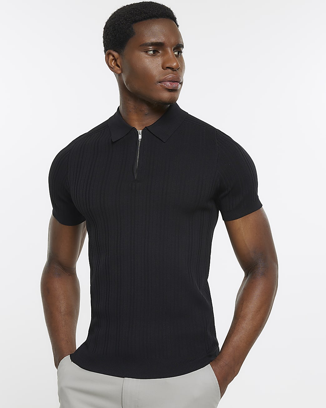 Black muscle fit ribbed polo shirt