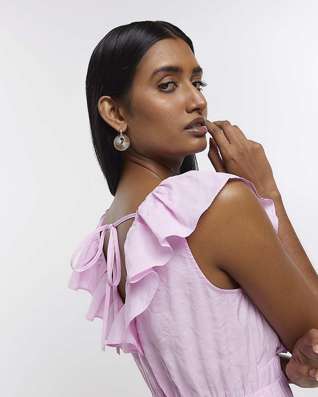 Pink v-neck frill maxi dress