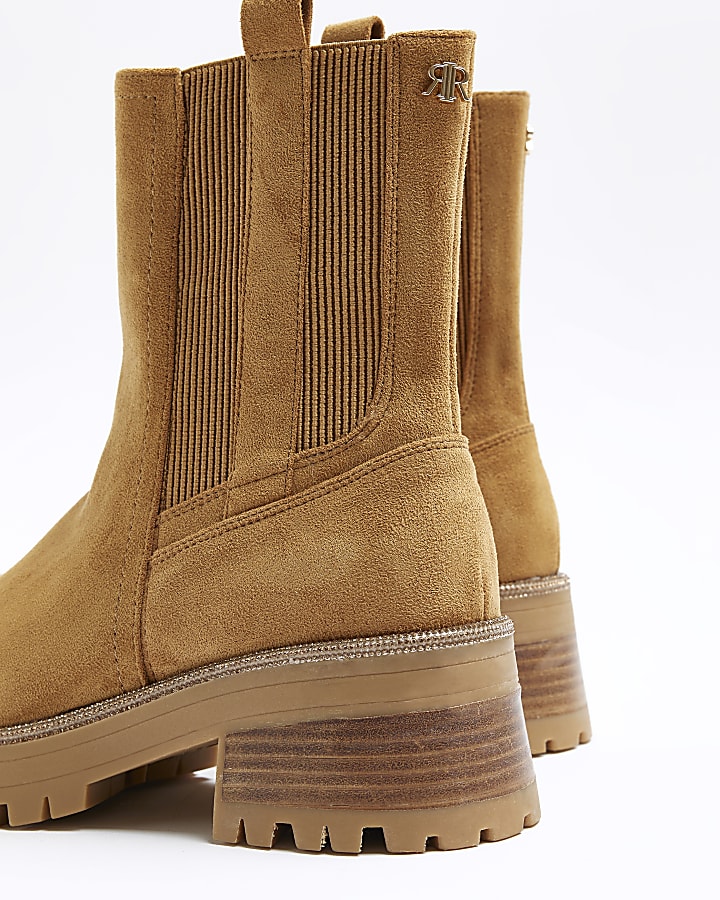 Brown suedette diamante trim chelsea boots