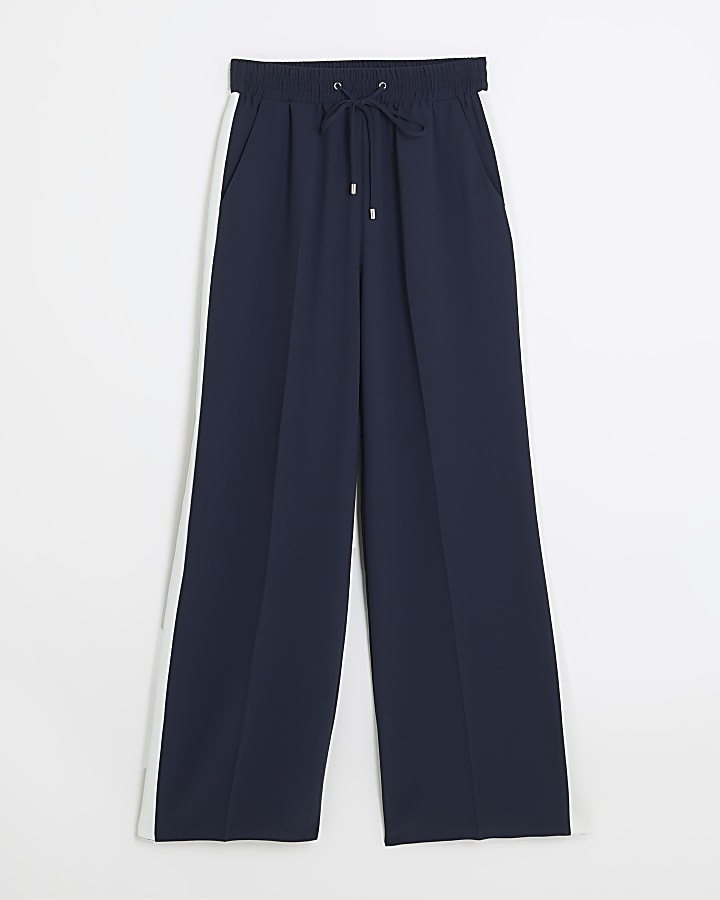 Navy side stripe wide leg joggers