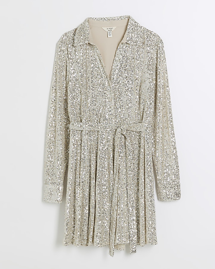 Silver sequin belted swing mini dress