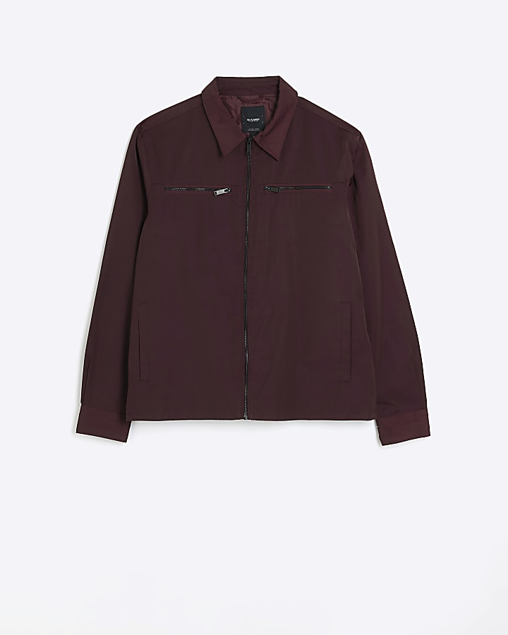 Red regular fit zip up tech shacket