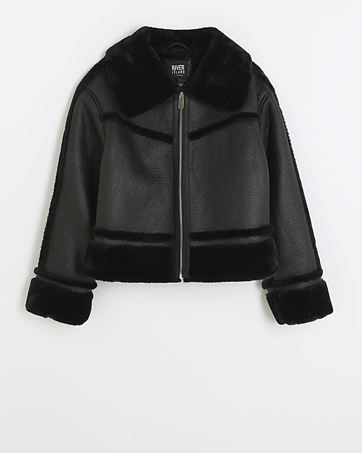 Black faux leather aviator jacket