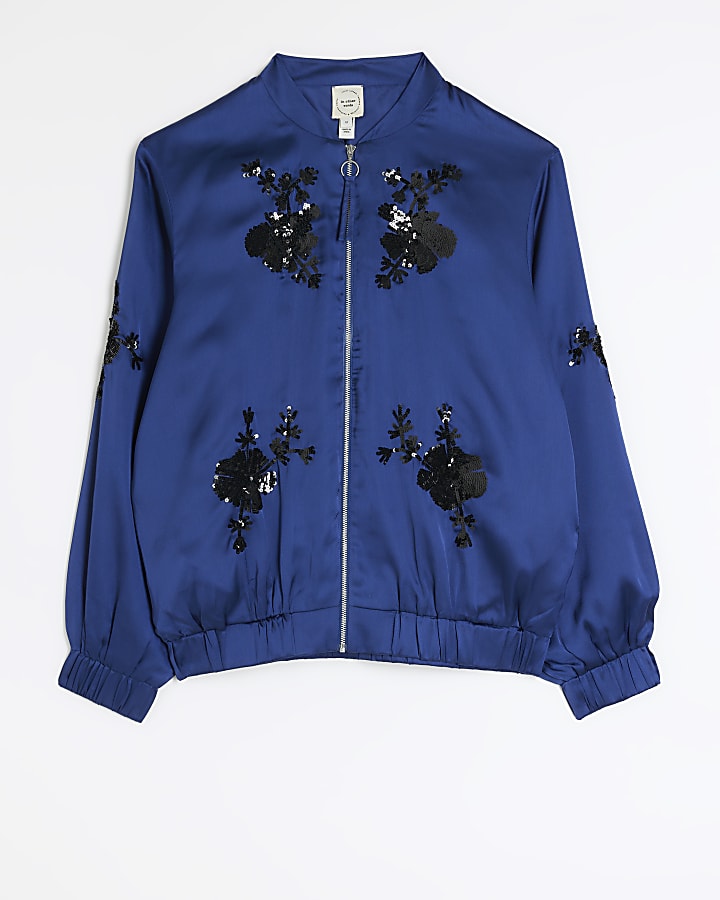Navy satin embellished bomber jacket
