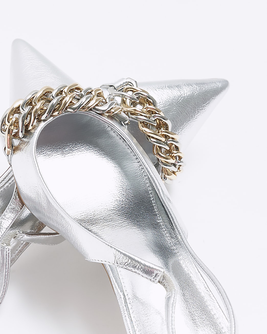 Silver chain sling back heeled court shoes