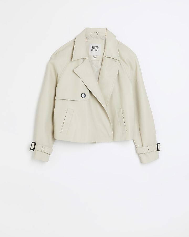 Petite cream faux leather crop trench coat