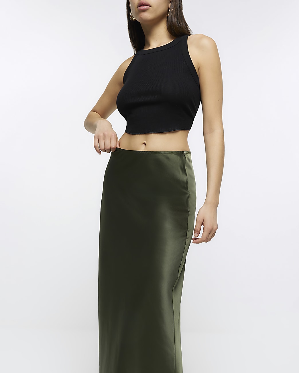 Khaki satin maxi skirt