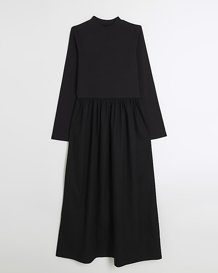 Black rib long sleeve smock midi dress
