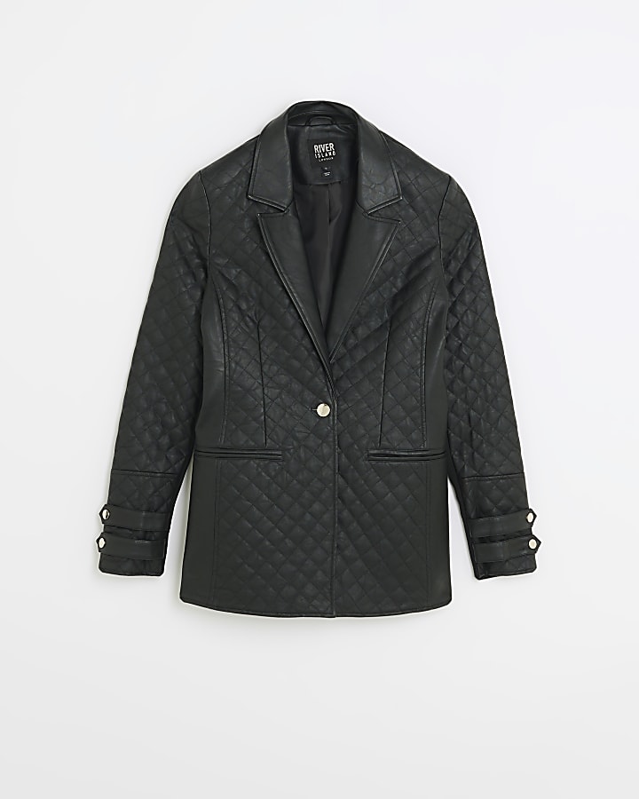 Black faux leather quilted blazer