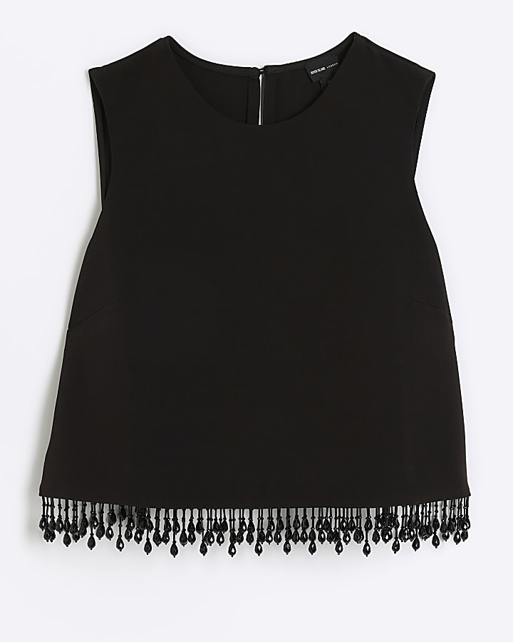 Black beaded fringe sleeveless top