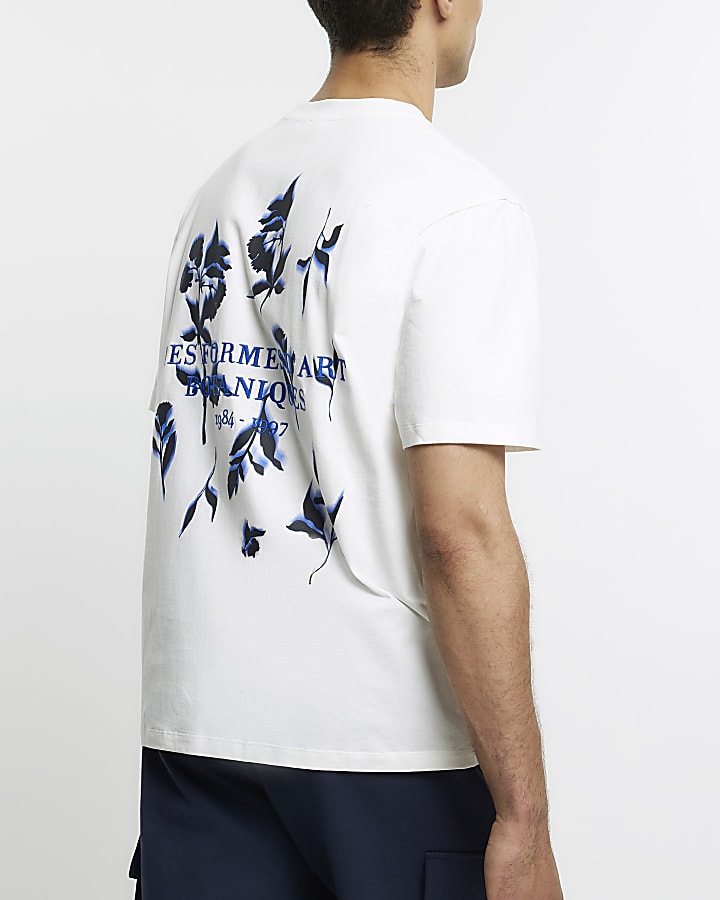 White regular fit floral print graphic t-shir