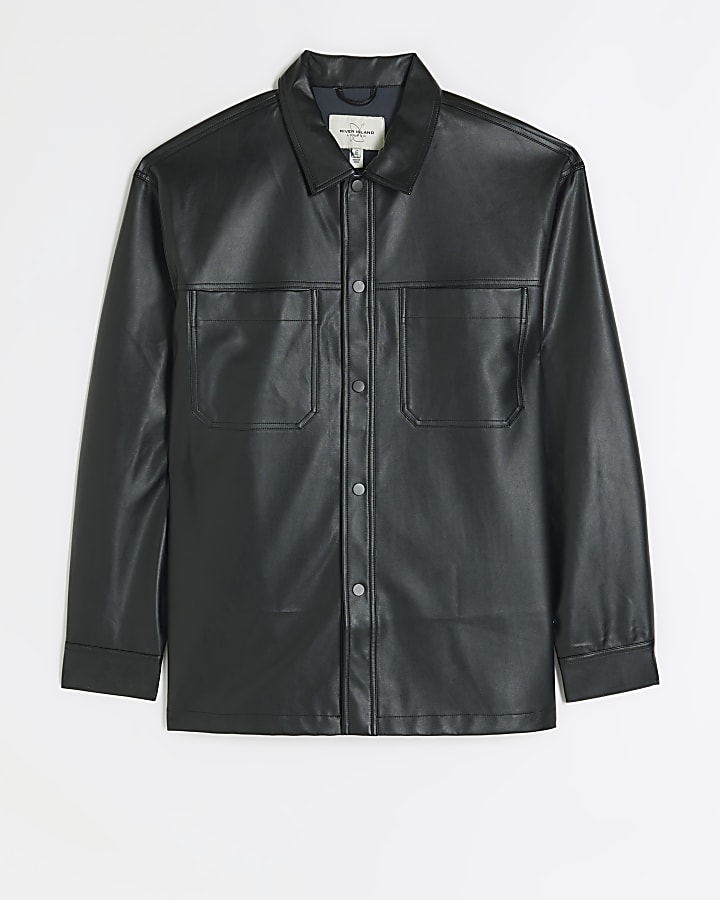 Black regular fit faux leather shirt
