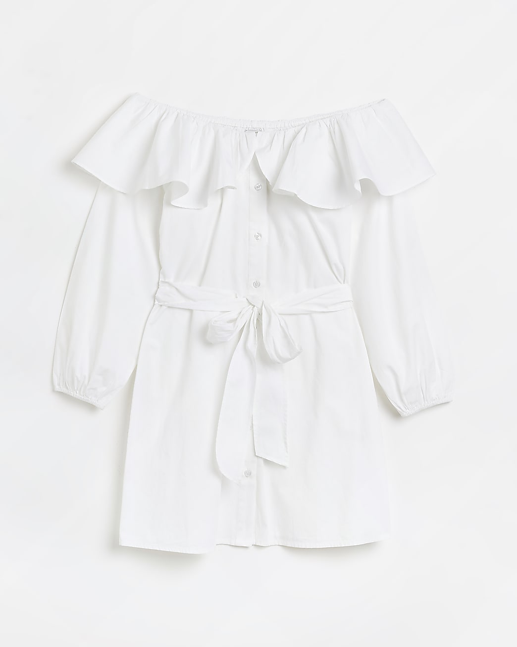 White bardot frill mini shirt dress