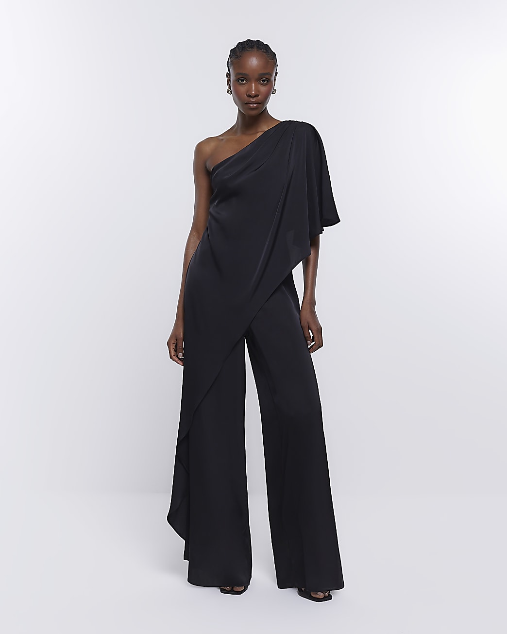 Black Bridesmaid Drape Shoulder Jumpsuit