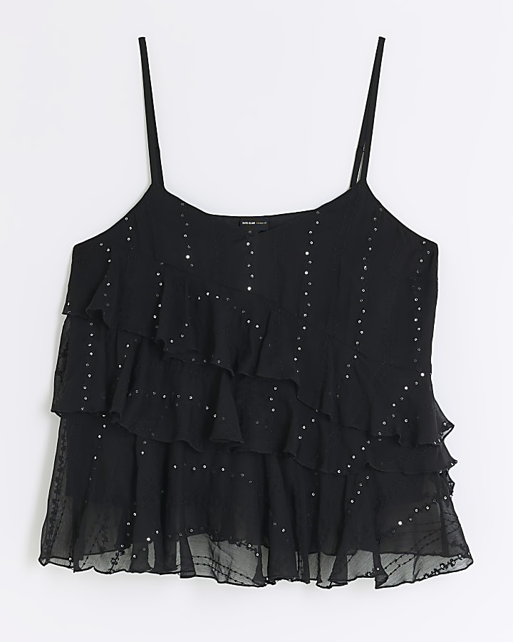 Black sequin detail frill cami top