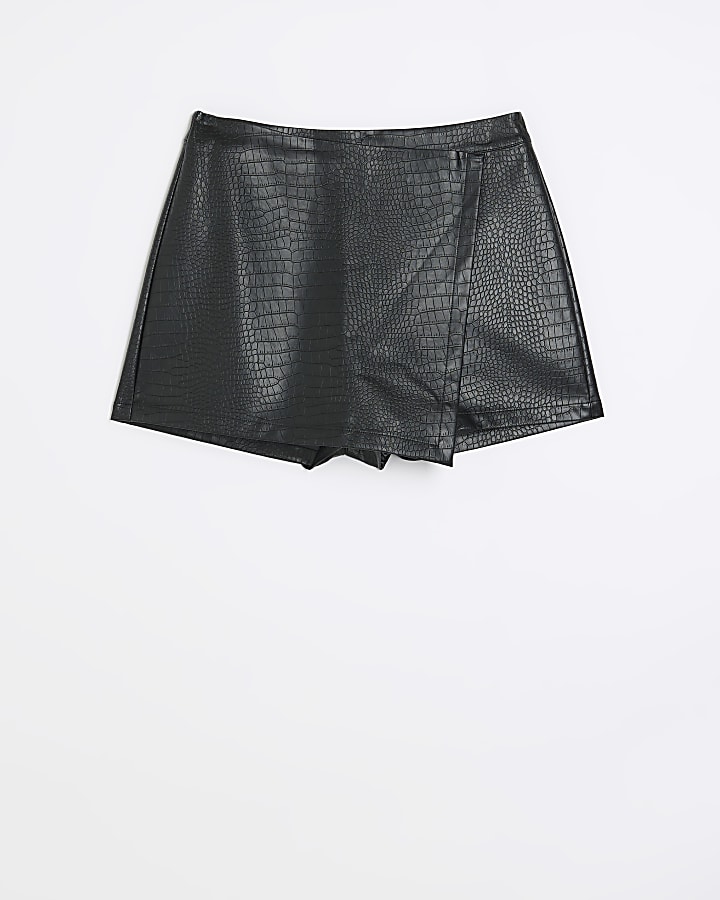 Black croc embossed wrap mini skort