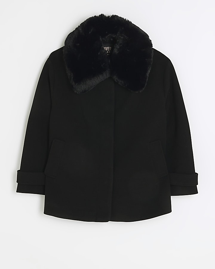 Black faux fur collar swing coat