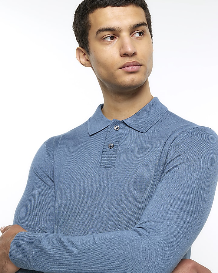 Blue slim fit long sleeve polo
