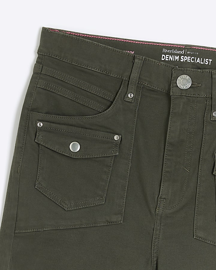 Khaki high waisted skinny cargo jeans