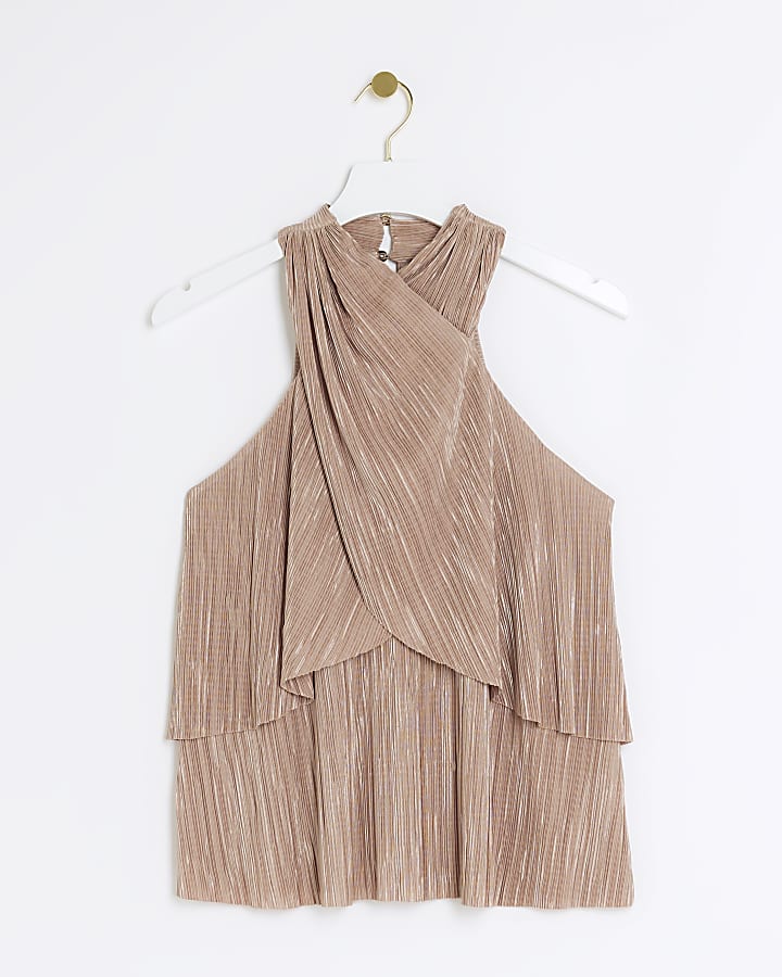 Beige plisse halter neck top