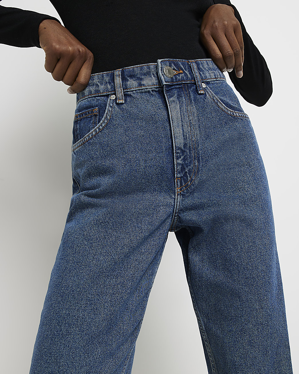 Blue high waisted straight leg jeans