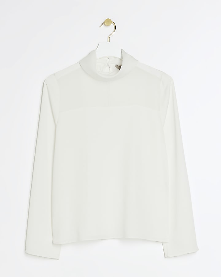 White mesh panel high neck top