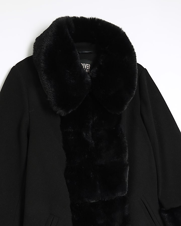 Black faux fur trim coat