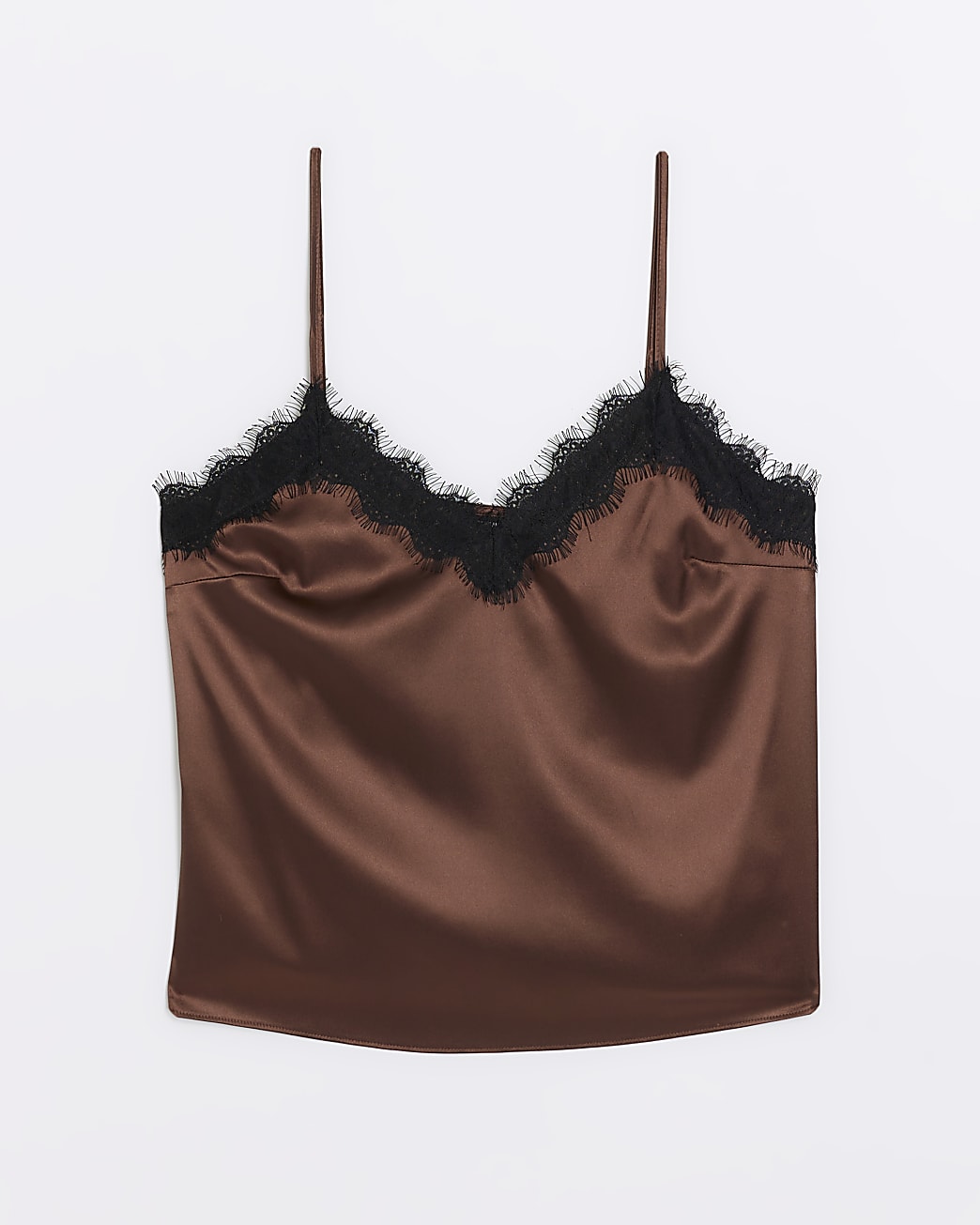 Brown lace trim satin cami top