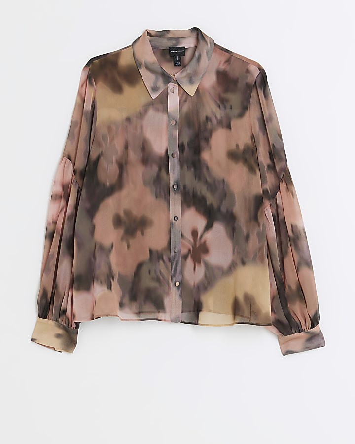 Pink chiffon floral long sleeve shirt