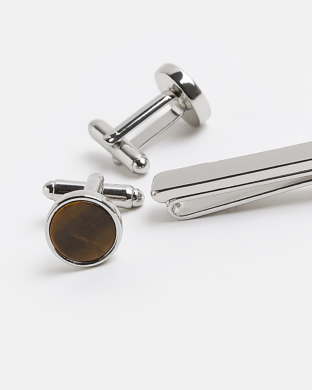 Brown stone detail tie clip set