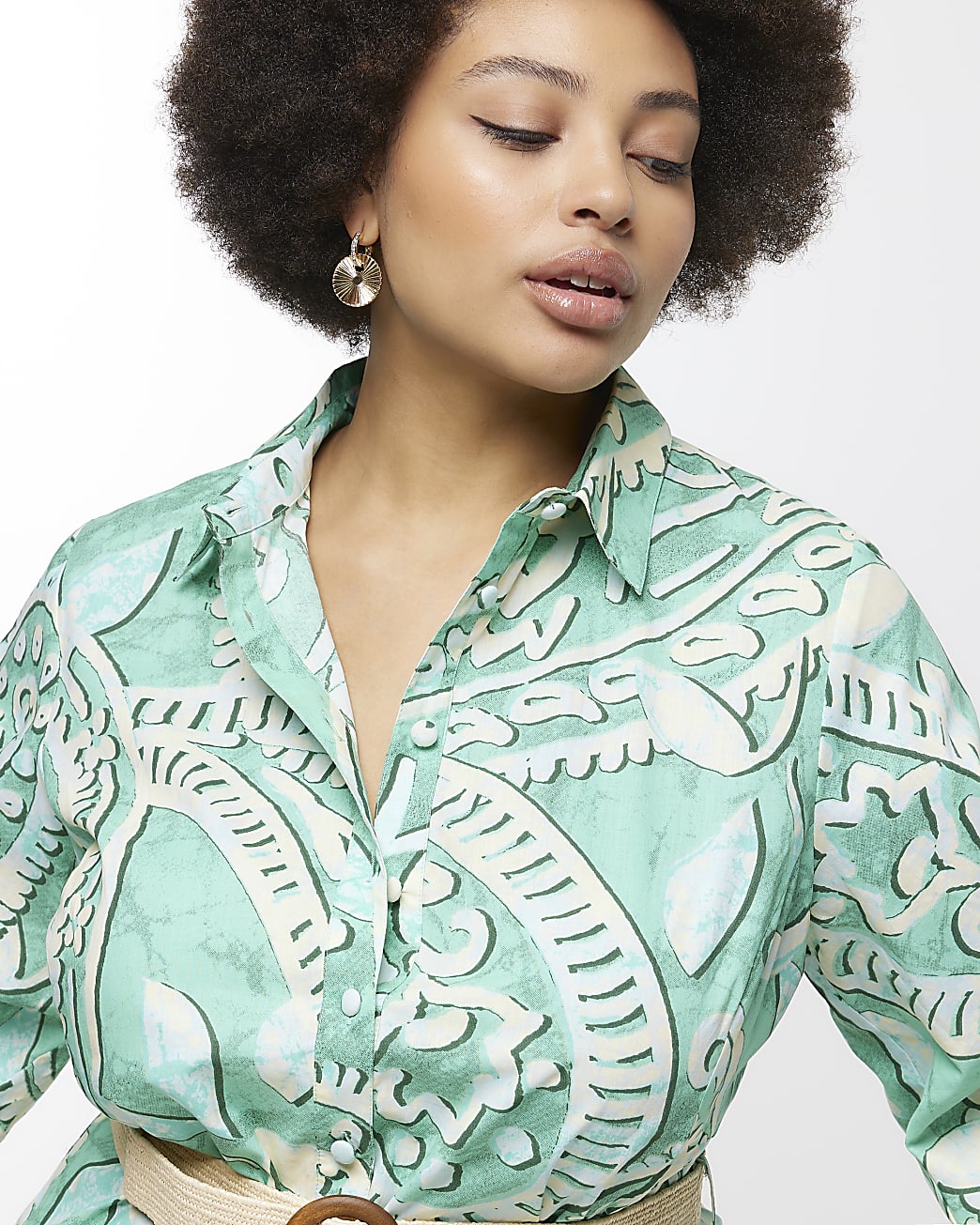 Plus green paisley mini shirt dress
