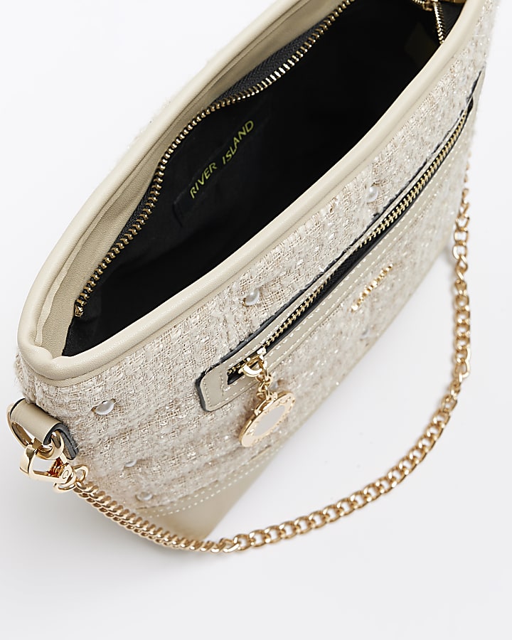 Cream boucle pearl detail cross body bag